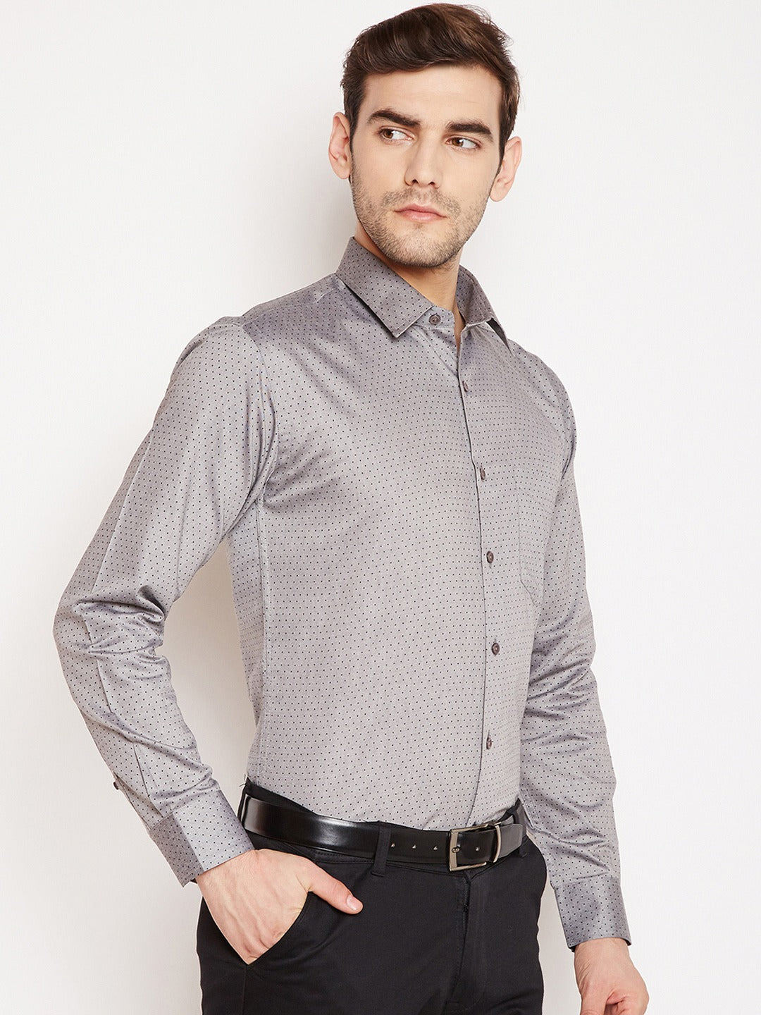 Men Grey Prints Cotton Rich Slim Fit Formal Shirt