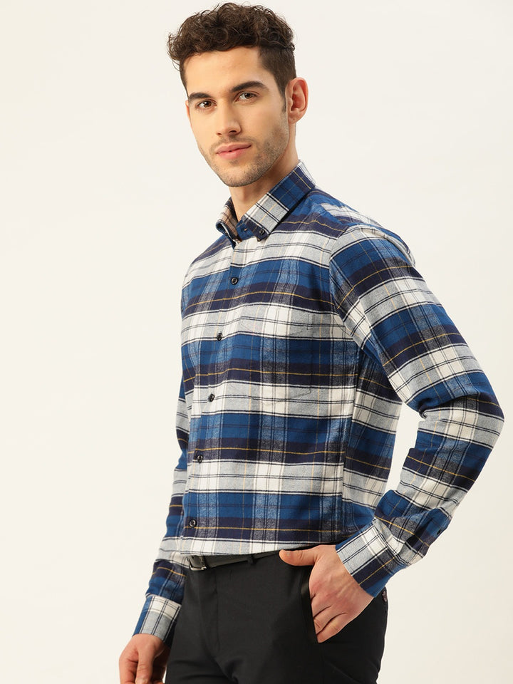 Men Navy & White Checks Pure Cotton Slim Fit Formal Shirt