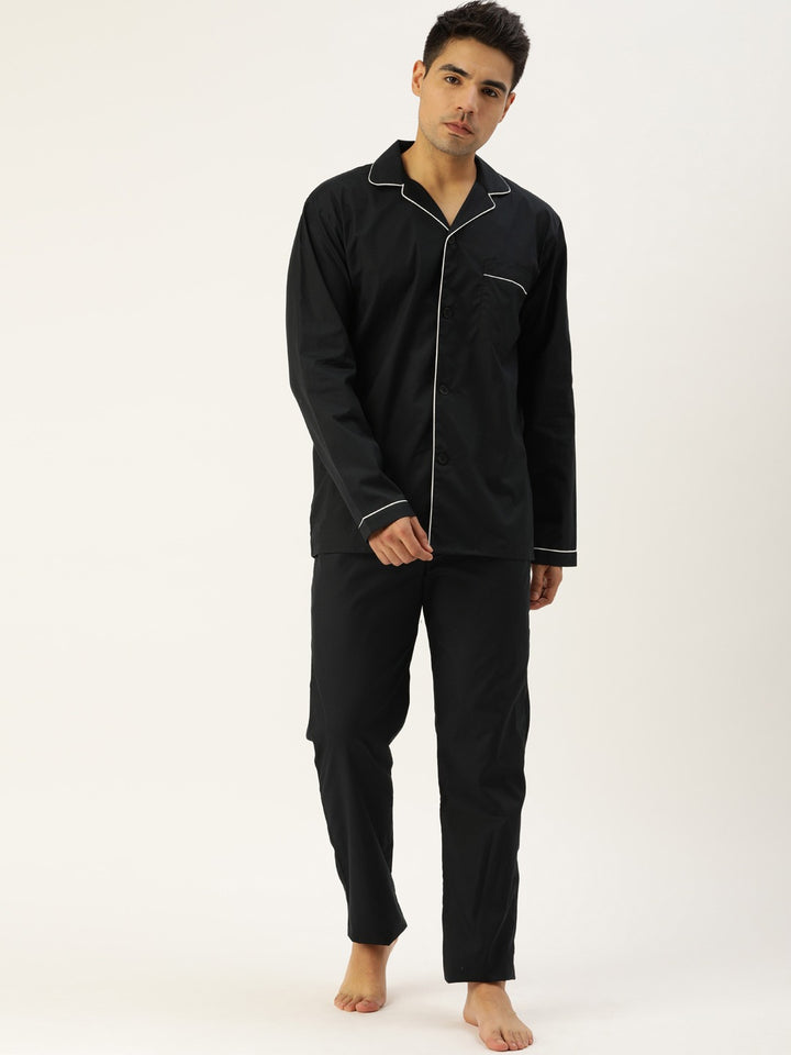Men Black Solids Pure Cotton Regular Fit Night Wear Night Suit