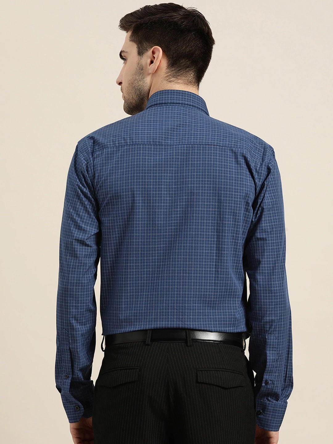 Men Navy Checks Pure Cotton Slim Fit Formal Shirt