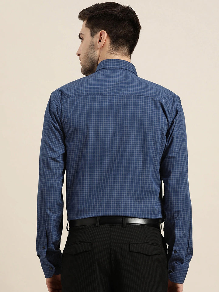 Men Navy Checks Pure Cotton Slim Fit Formal Shirt