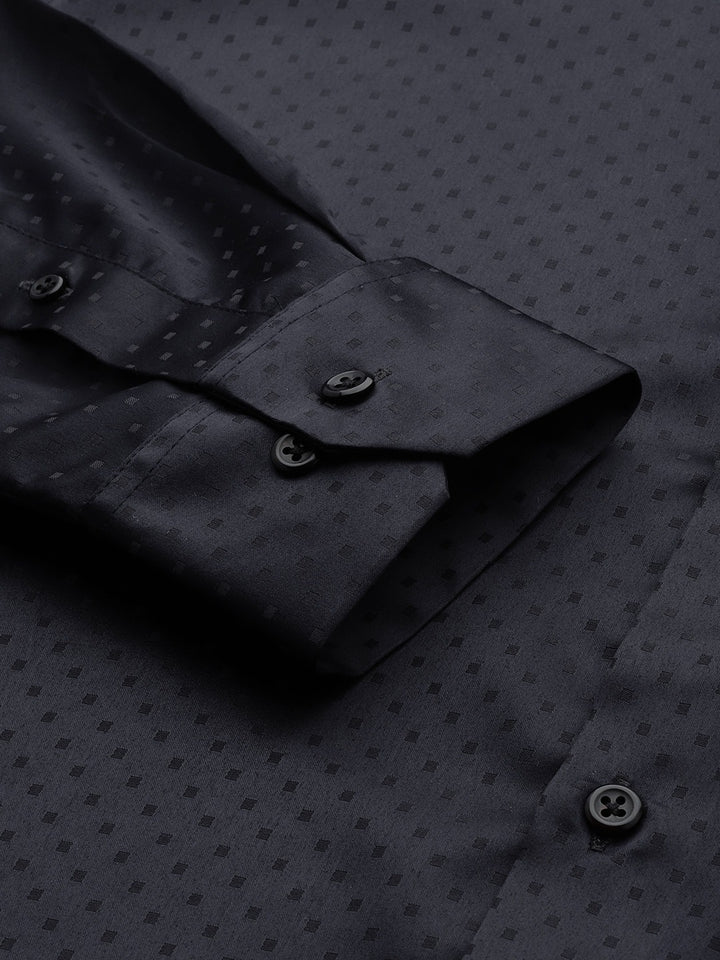 Men Navy Blue Solid Self Design Polyester Satin Slim Fit Party Formal Shirt