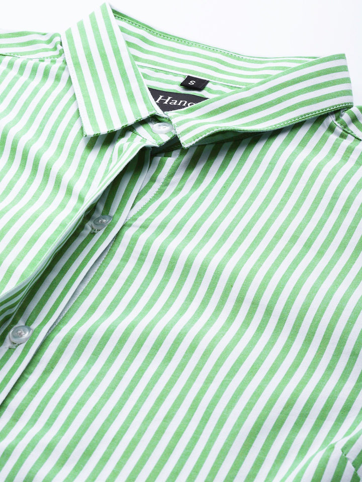 Women White & Green Candy Striped Cotton Slim Fit Formal Shirt