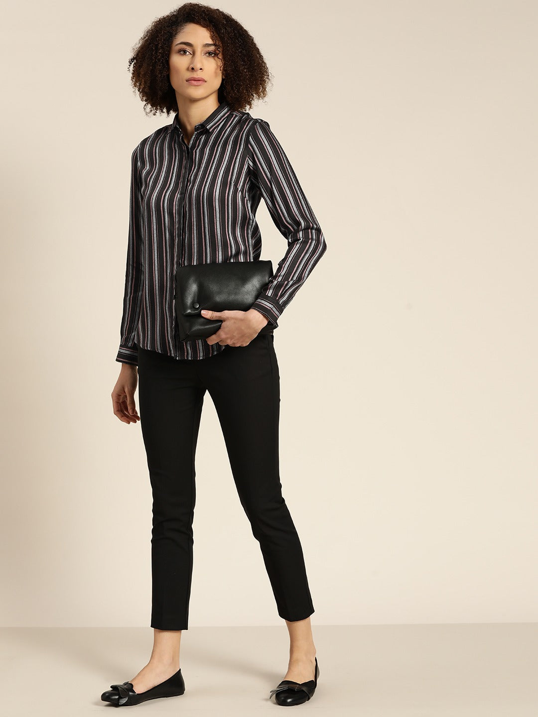 Women Black Stripes Viscose Rayon Slim Fit Formal Shirt