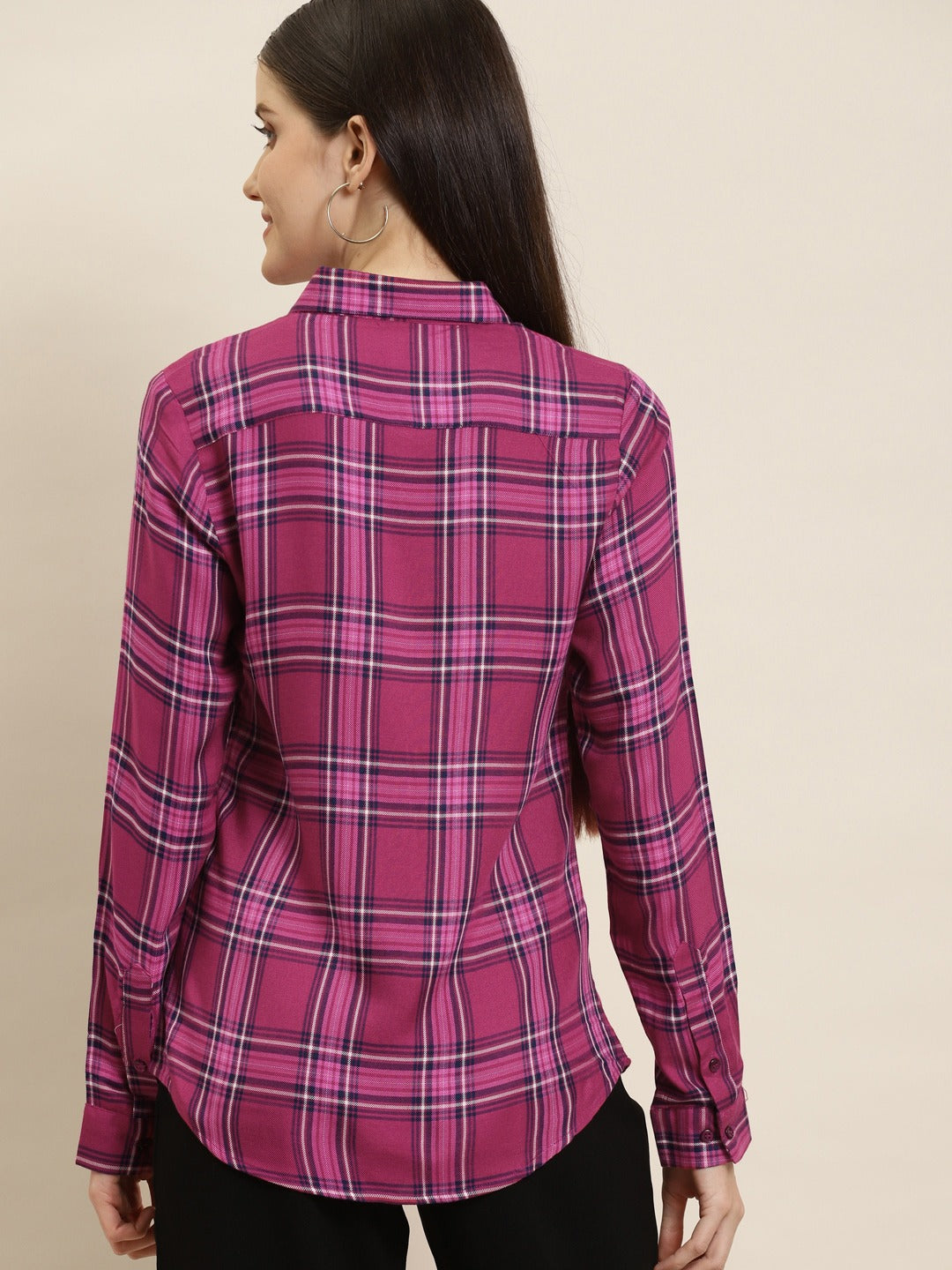 Women Magenta Checks Viscose Rayon Slim Fit Formal Shirt
