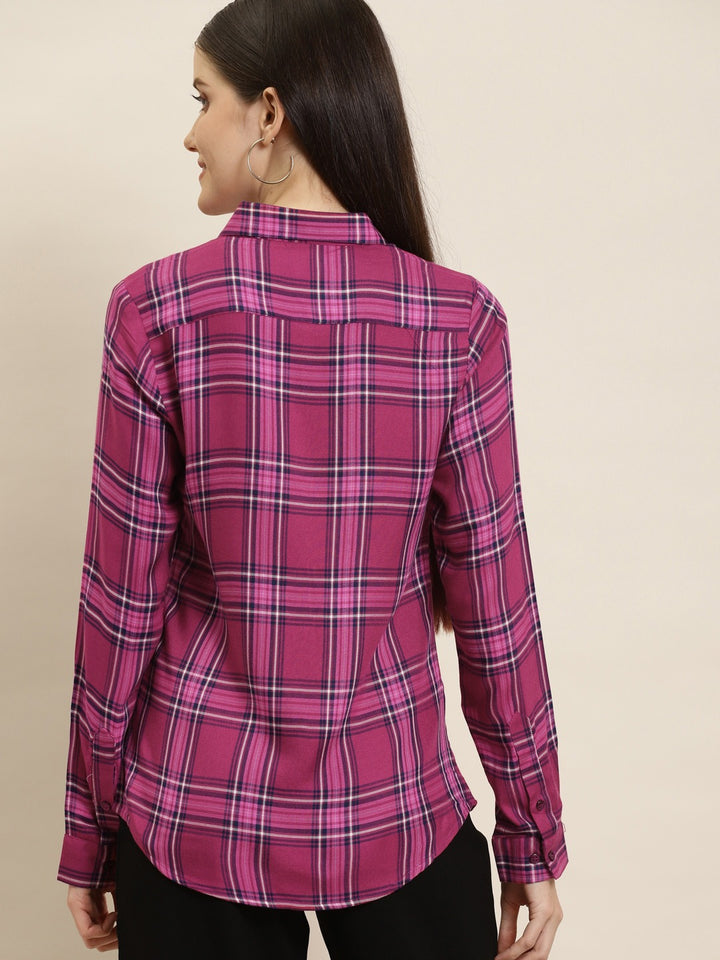 Women Magenta Checks Viscose Rayon Slim Fit Formal Shirt