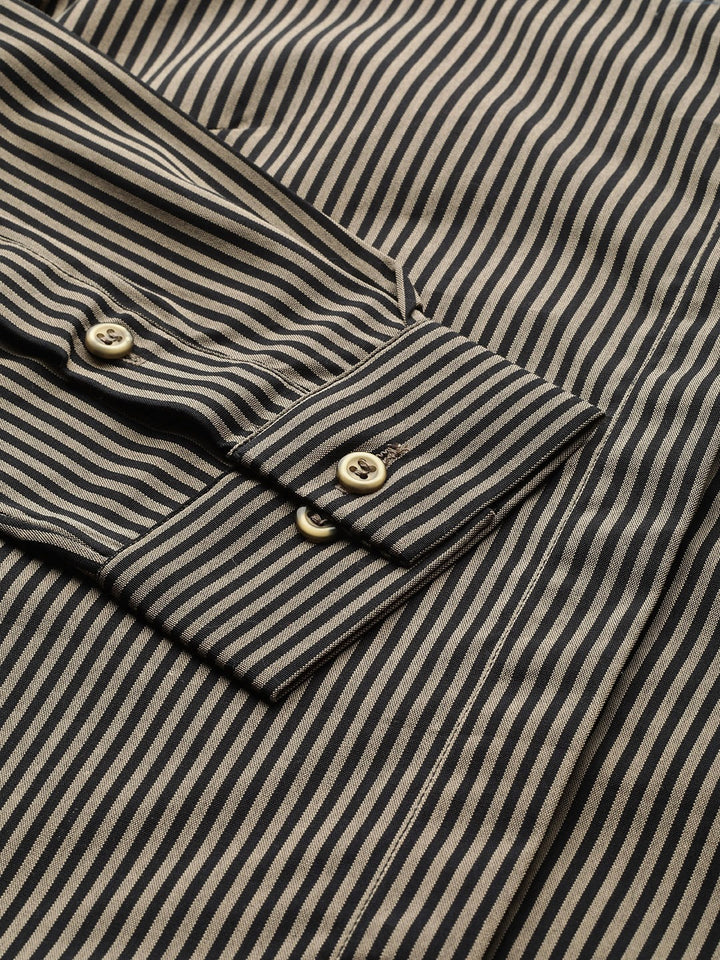 Women Black & Brown Striped Pure Cotton Slim Fit Formal Shirt