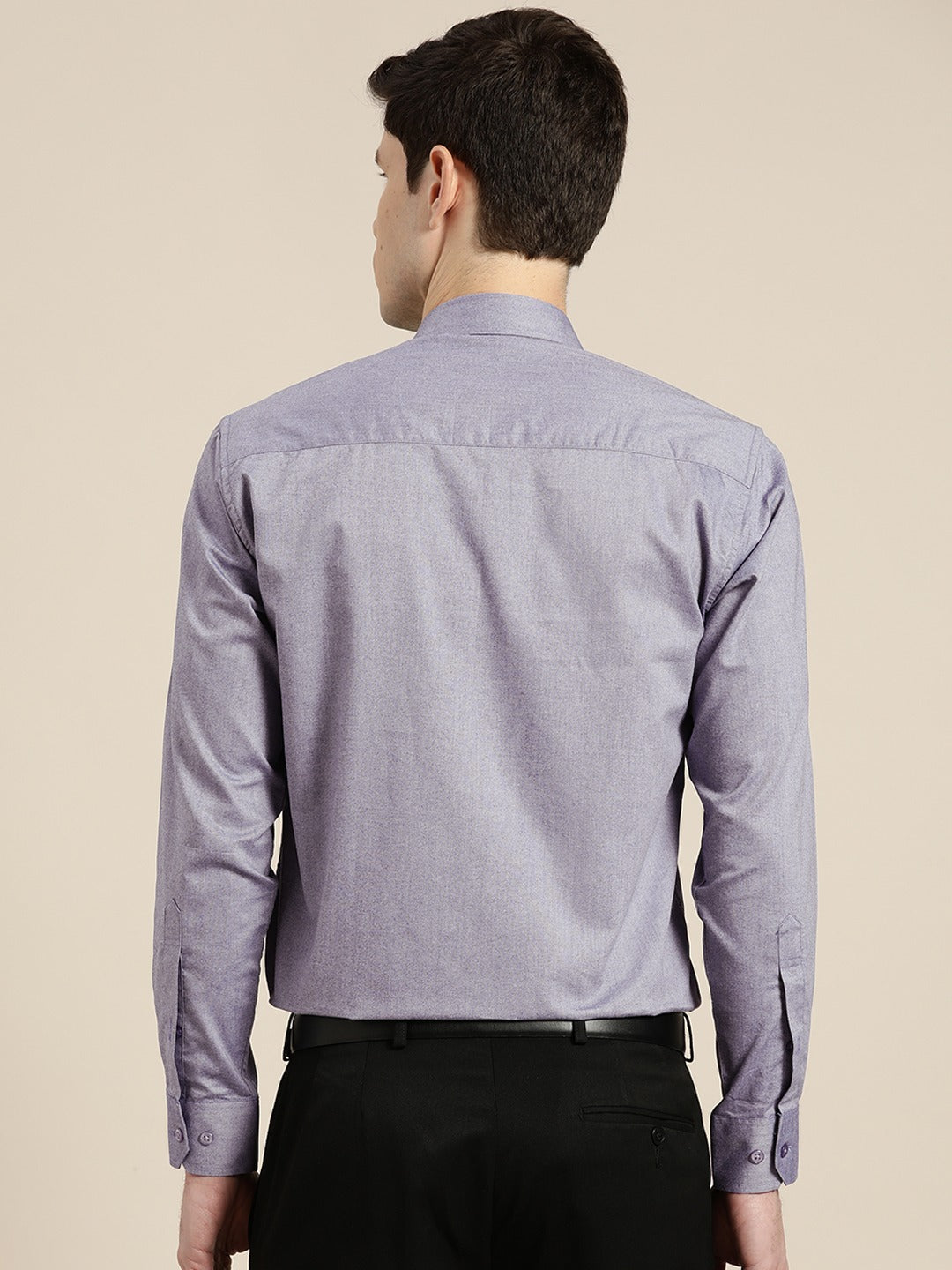 Men Navy Solid Chambray Button Down Collar Slim Fit Formal Shirt