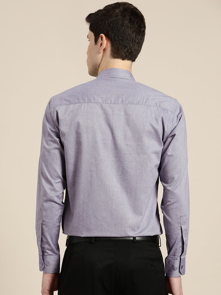 Men Navy Solid Chambray Button Down Collar Slim Fit Formal Shirt