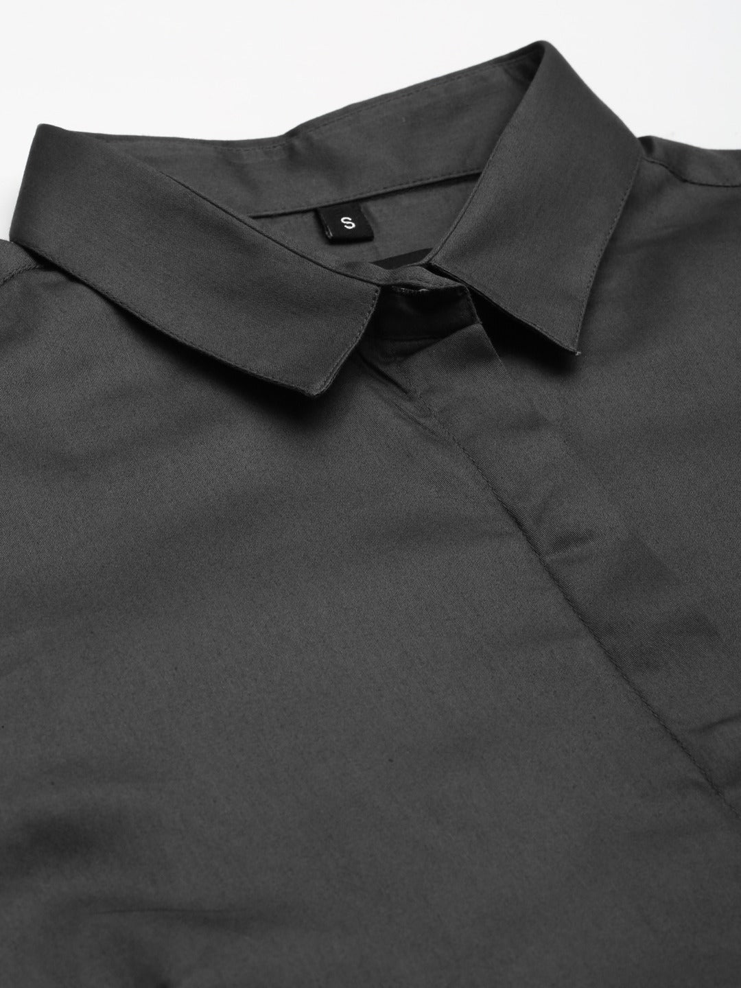 Women Dark Grey Solid Pure Cotton Satin Slim Fit Formal Shirt