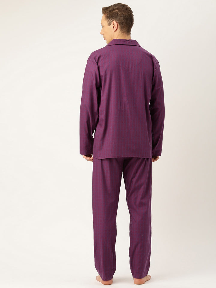 Men Wine Checks Pure Cotton Regular Fit Night Wear Night Suit
