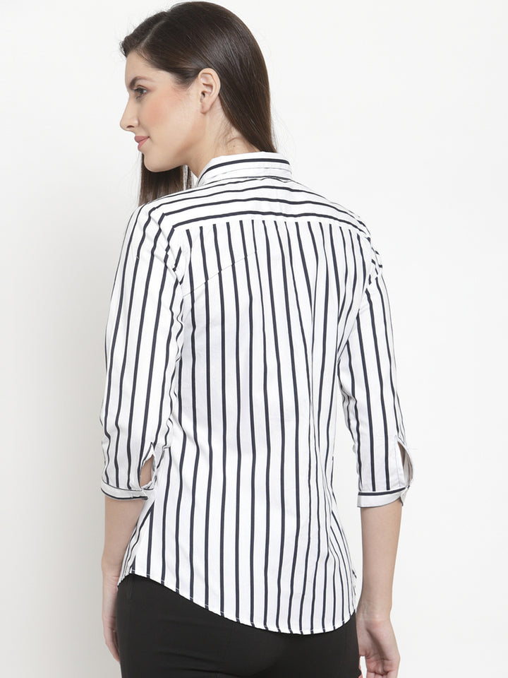 Women White Pure Cotton Striped Slim Fit Formal Shirt