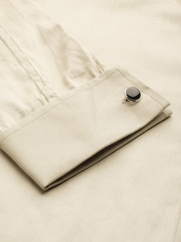 Men Beige Solid Satin French Cuff Pure Cotton Slim Fit Formal Shirt