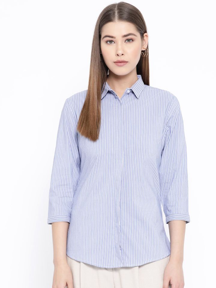 Women Sky Blue Pure Cotton Striped Slim Fit Formal Shirt