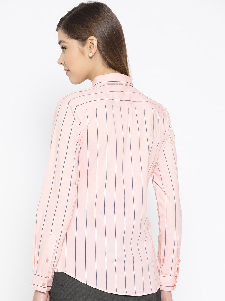 Women Pink Pure Cotton Striped Slim Fit Formal Shirt