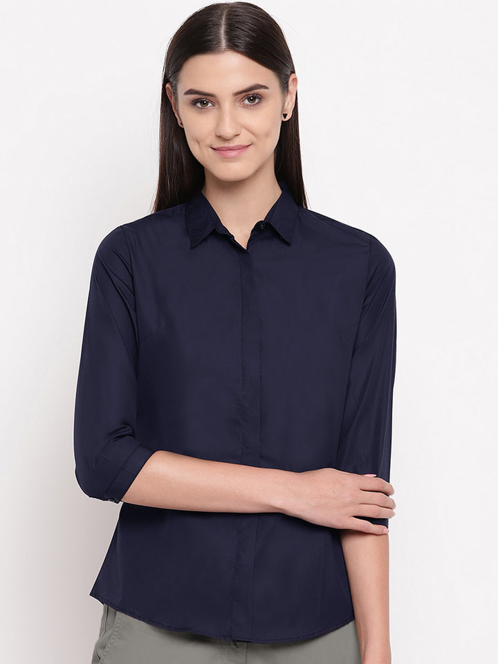 Women Navy Pure Cotton Solid Slim Fit Formal Shirt