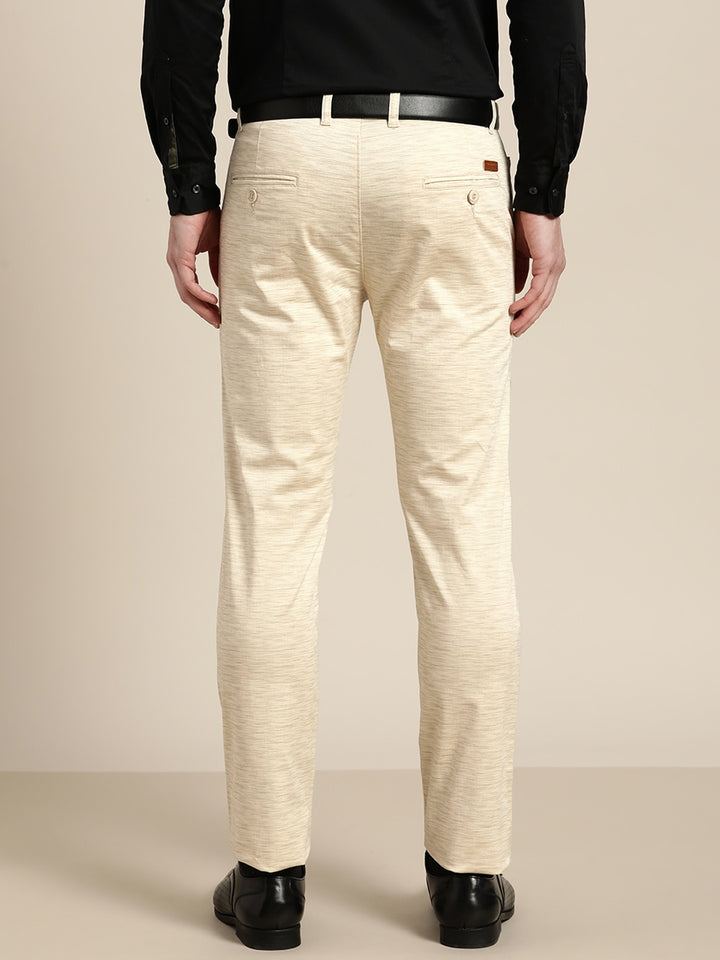 Men Beige Solids Cotton Elastene Slim Fit Formal Trouser
