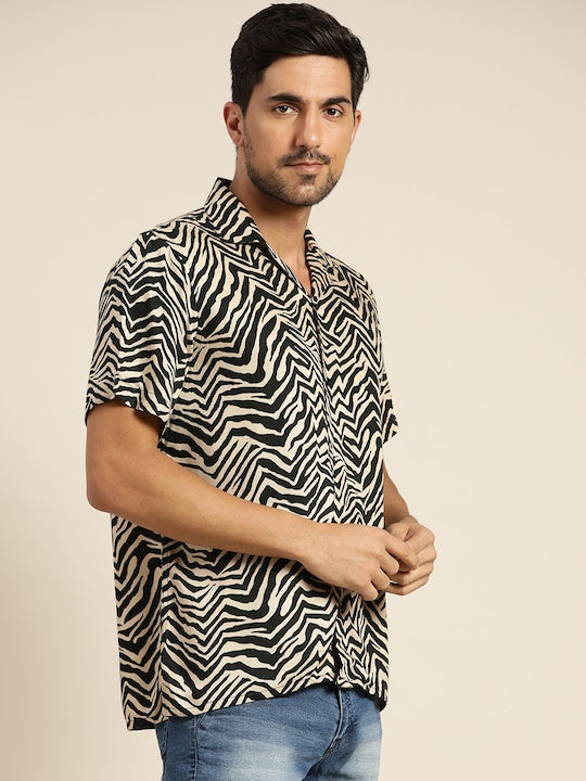Men Beige & Black Printed Viscose Rayon Regular Fit Casual Resort Shirt