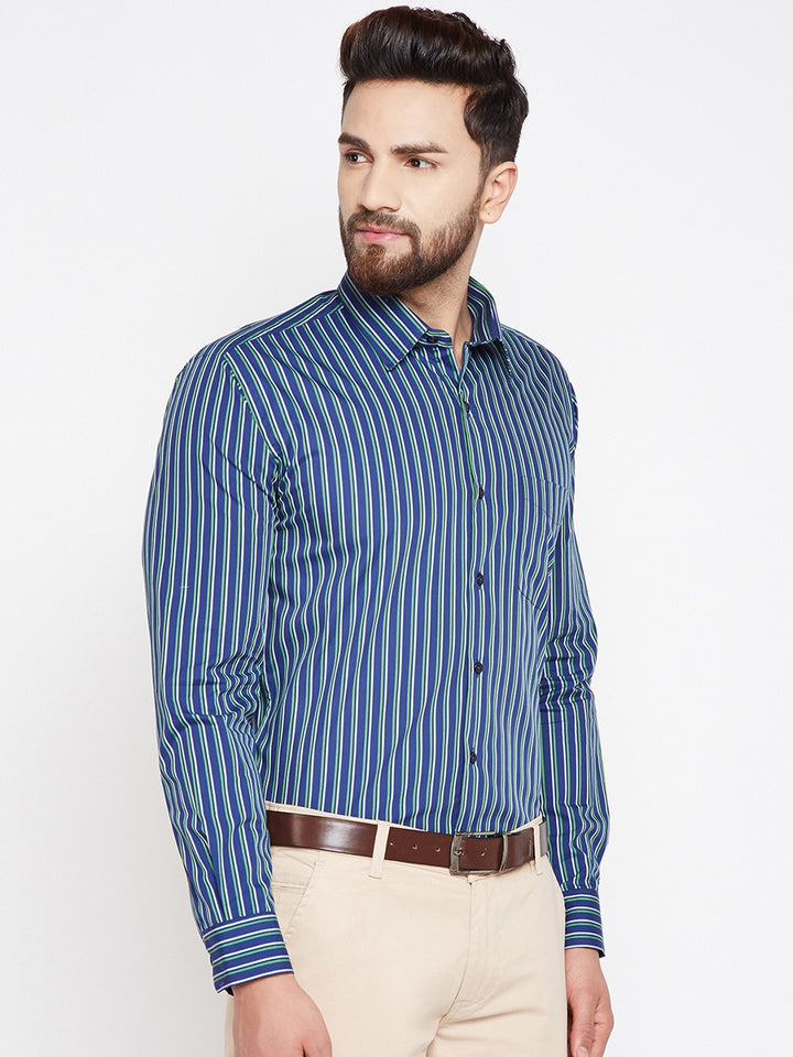 Men Navy Stripes Pure Cotton Slim Fit Formal Shirt