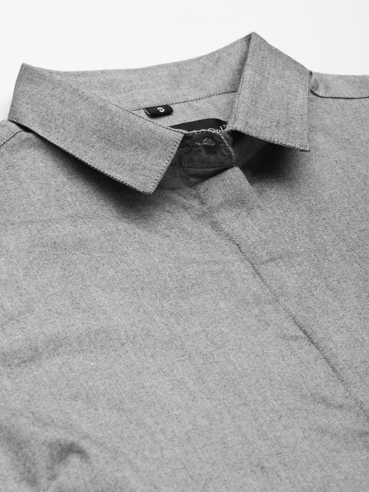 Women Grey Solid Chambray Cotton Rich Slim Fit Formal Shirt