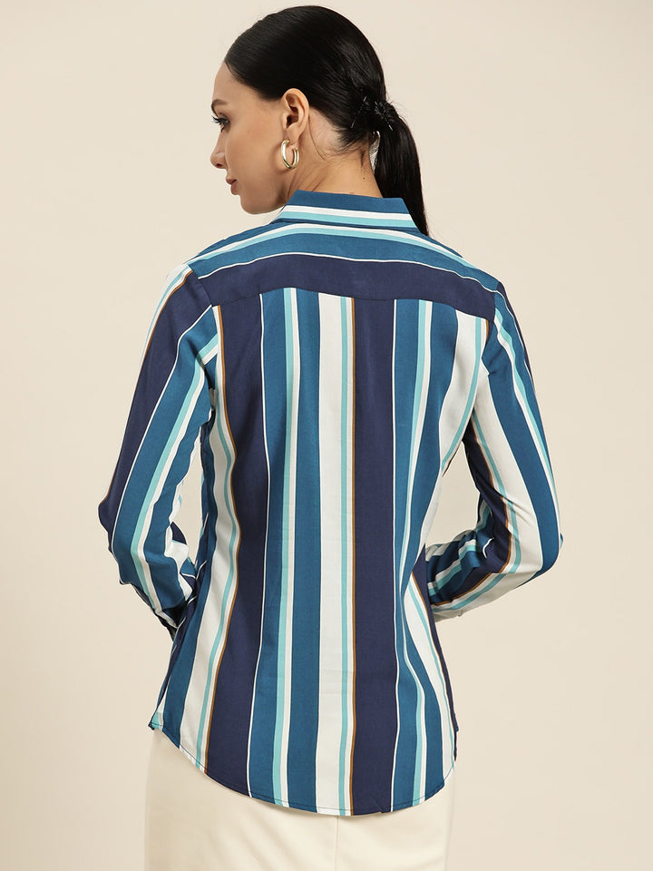 Women White & Blue Stripes Viscose Rayon Slim Fit Formal Shirt