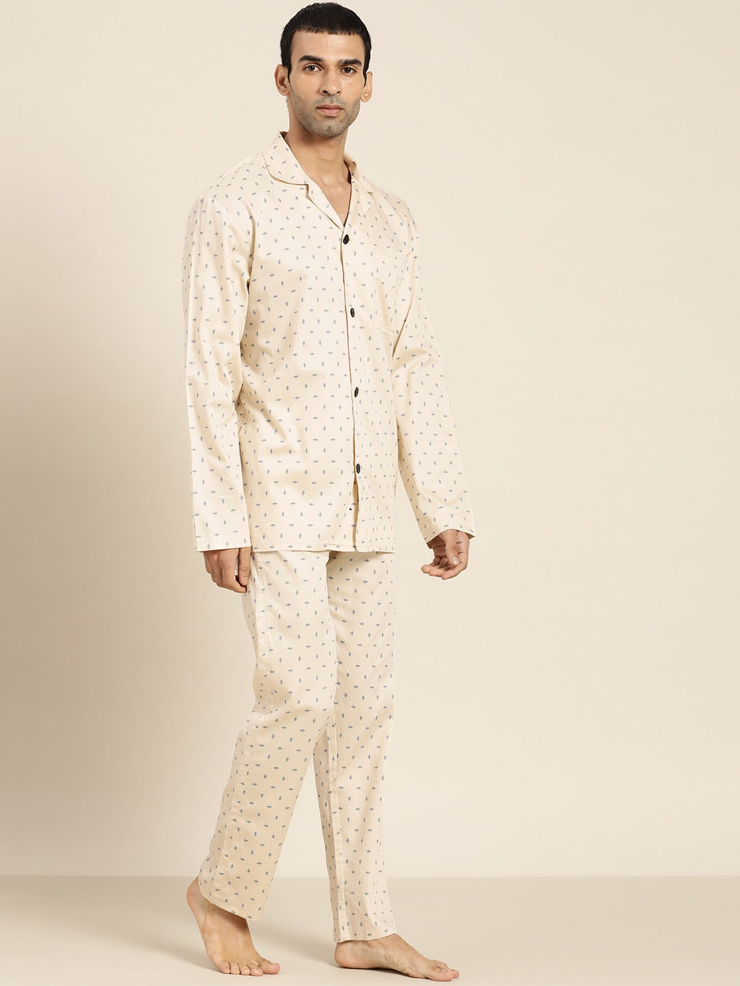 Men Cream Prints Pure Cotton Regular Fit Night Wear Night Suit
