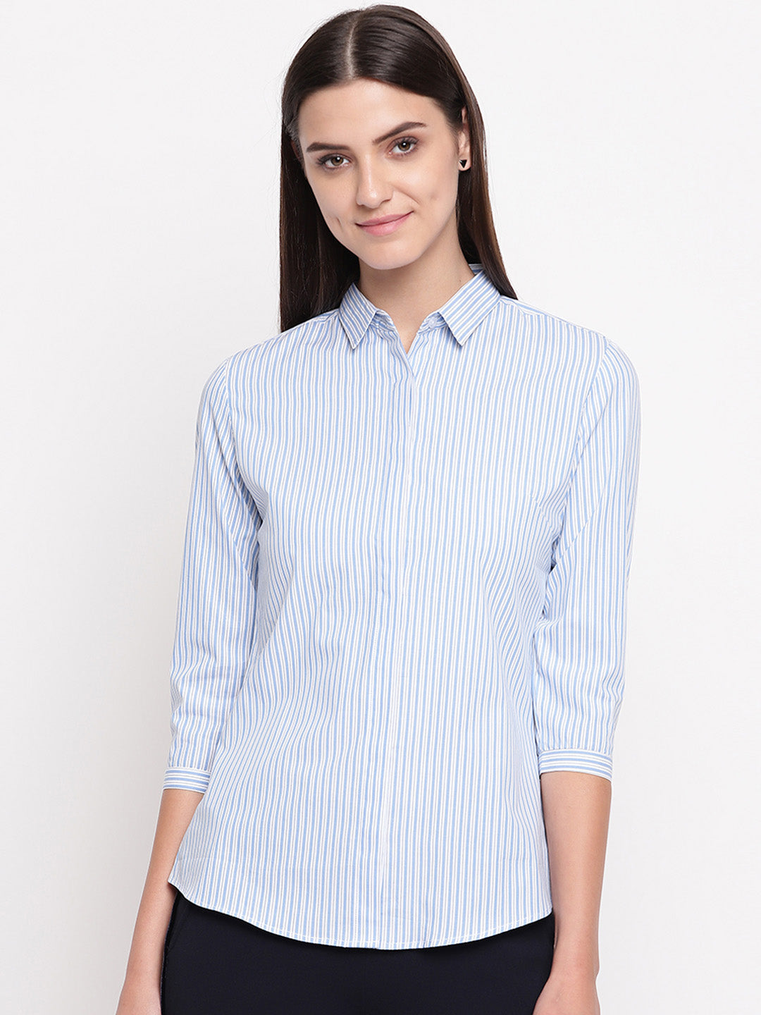 Women White & Blue Pure Cotton Striped Slim Fit Formal Shirt