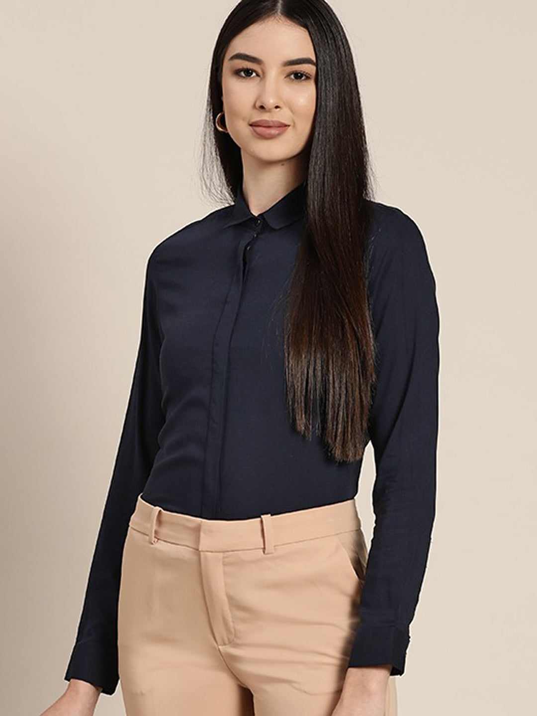 Women Navy Solids Viscose Rayon Slim Fit Formal Shirt