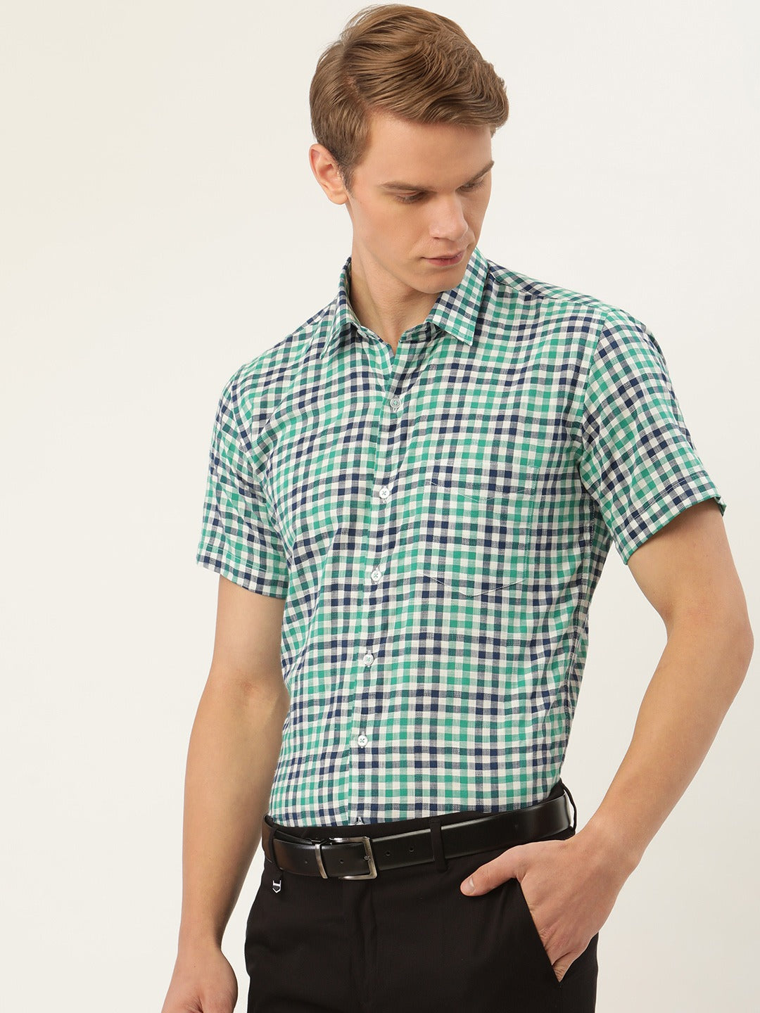 Men Green & White Stripes Pure Cotton Slim Fit Formal Shirt