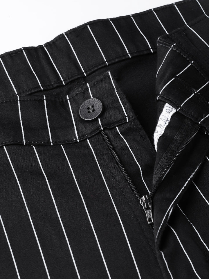 Men Black Striped Cotton Stretch Slim Fit Formal Trouser