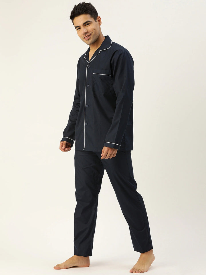 Men Navy Solids Pure Cotton Regular Fit Night Wear Night Suit