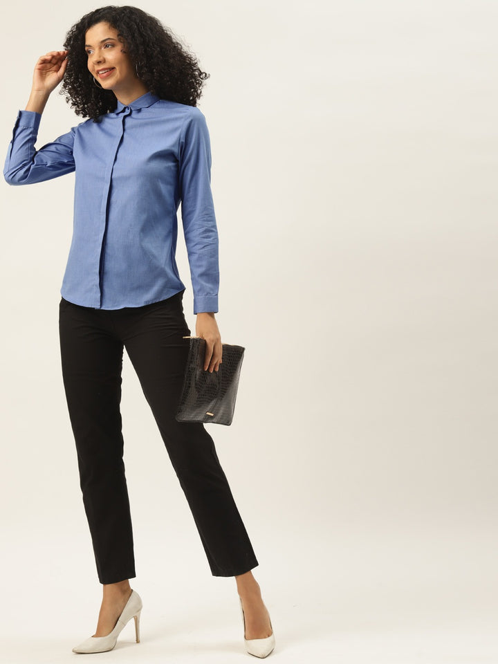 Women Blue Solids Pure Cotton Slim Fit Formal Shirt
