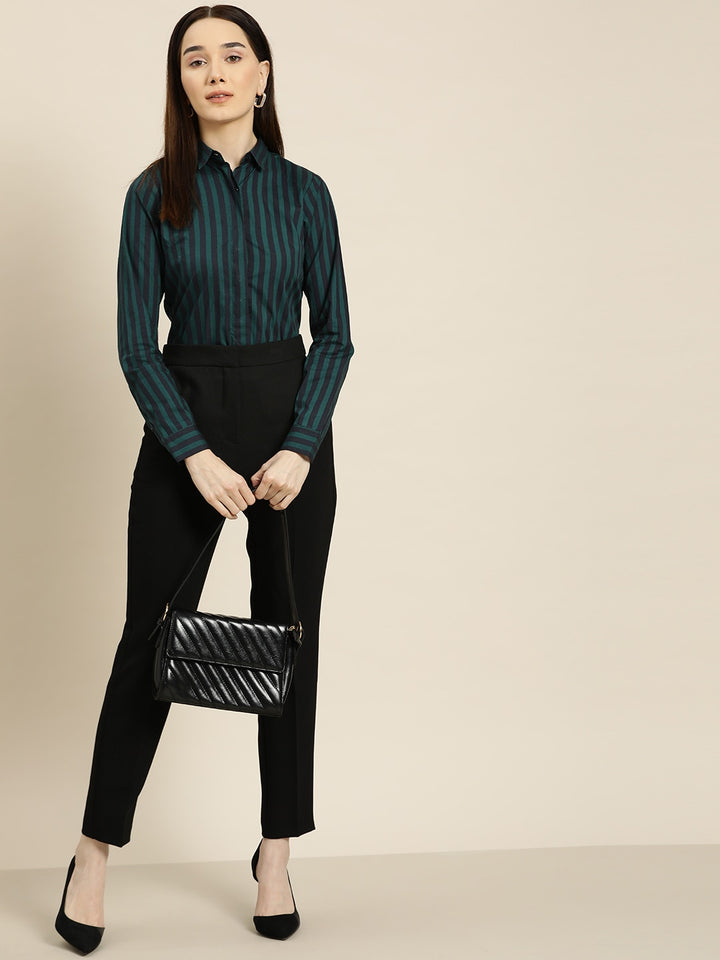 Women Navy-Green Stripes Pure Cotton Slim Fit Formal Shirt