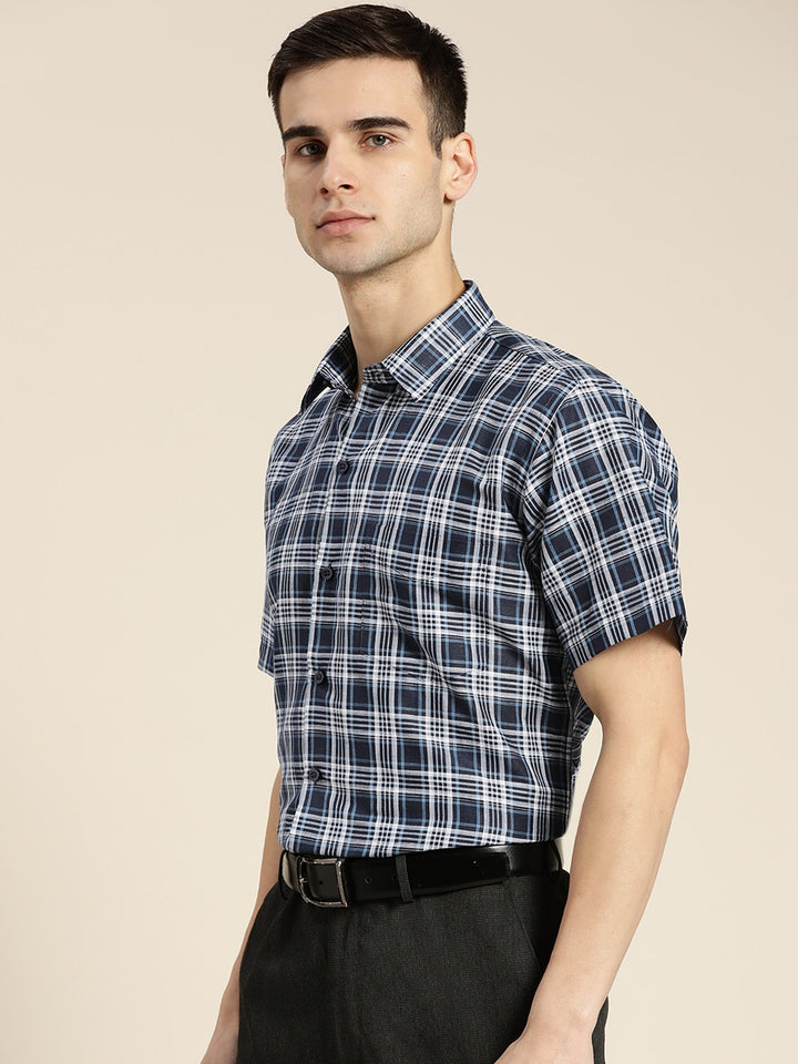 Men Navy Checks Pure Linen Slim Fit Formal Shirt