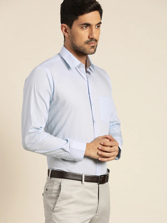 Men Sky Blue Solid Pure Cotton Slim Fit Formal Shirt