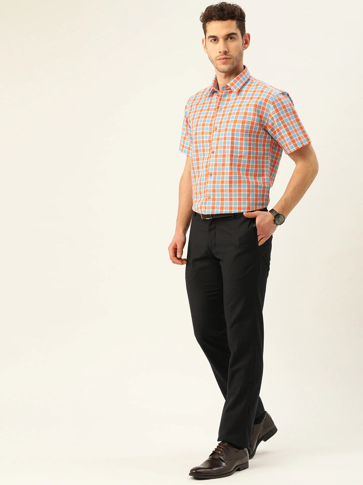 Men Orange & Blue Checks Linen Cotton Slim Fit Formal Shirt
