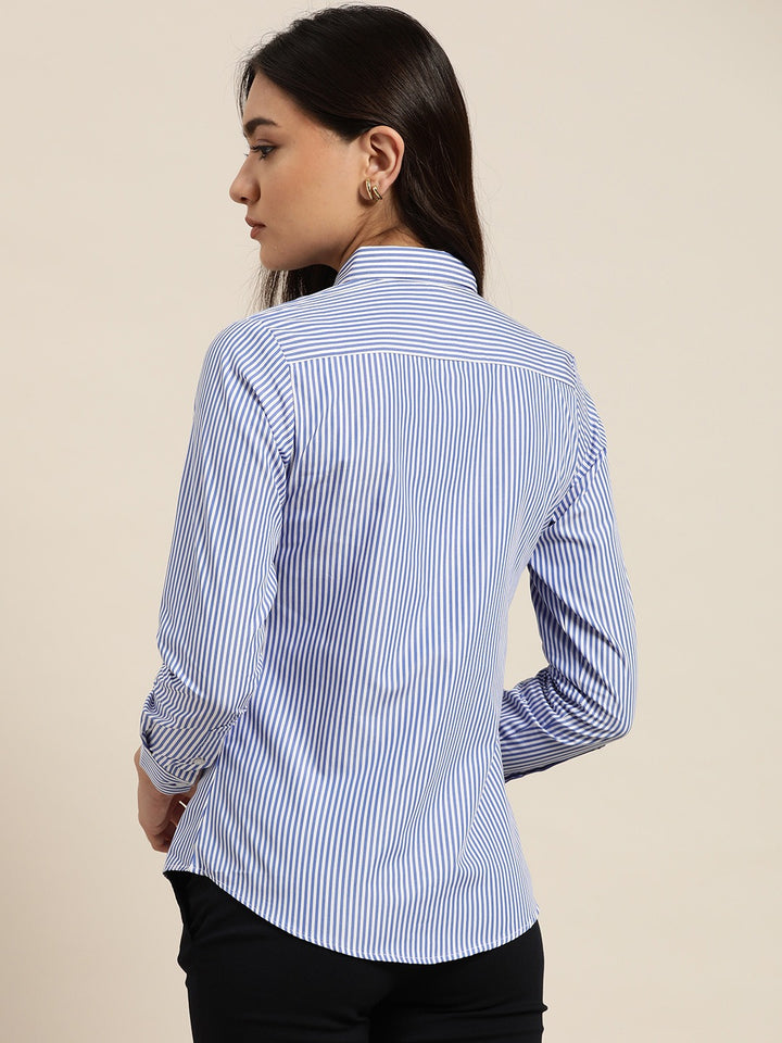 Women White & Blue Stripes Pure Cotton Slim Fit Formal Shirt