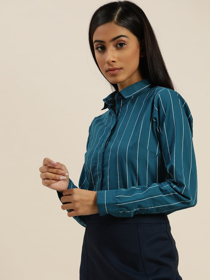 Women Turquoise Blue Striped Pure Cotton Slim Fit Formal Shirt