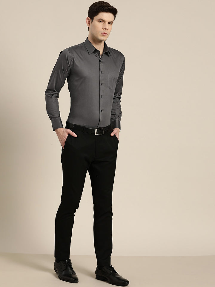 Men Dark Grey Solid Pure Cotton Satin Slim Fit Formal Shirt