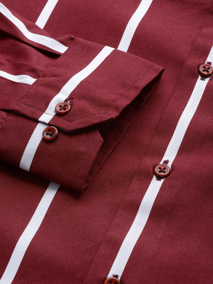 Men Maroon Stripes Pure Cotton Slim Fit Formal Shirt