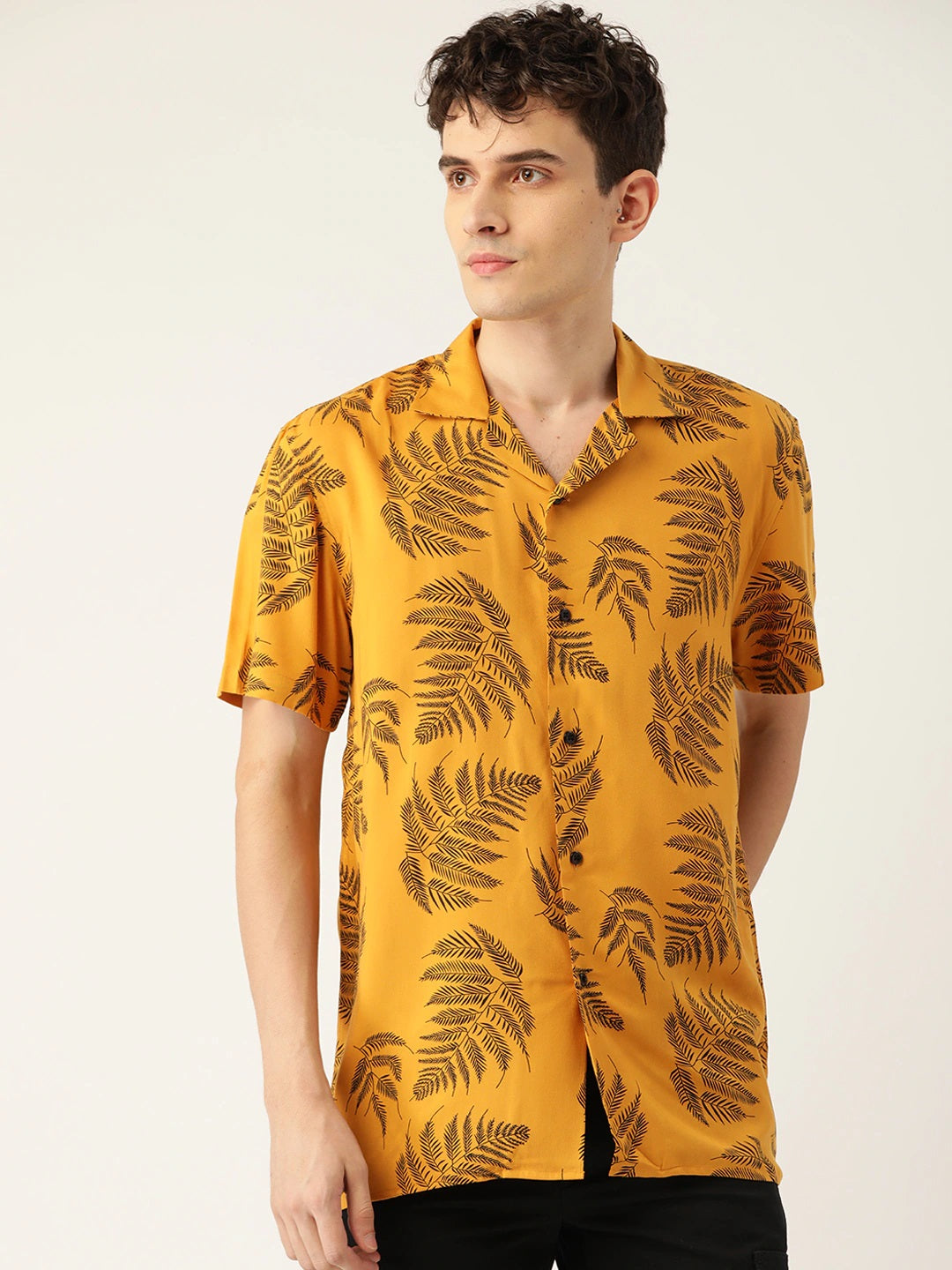Men Mustard Printed Pure Cotton Relaxed Fit Casual Resort Shirt