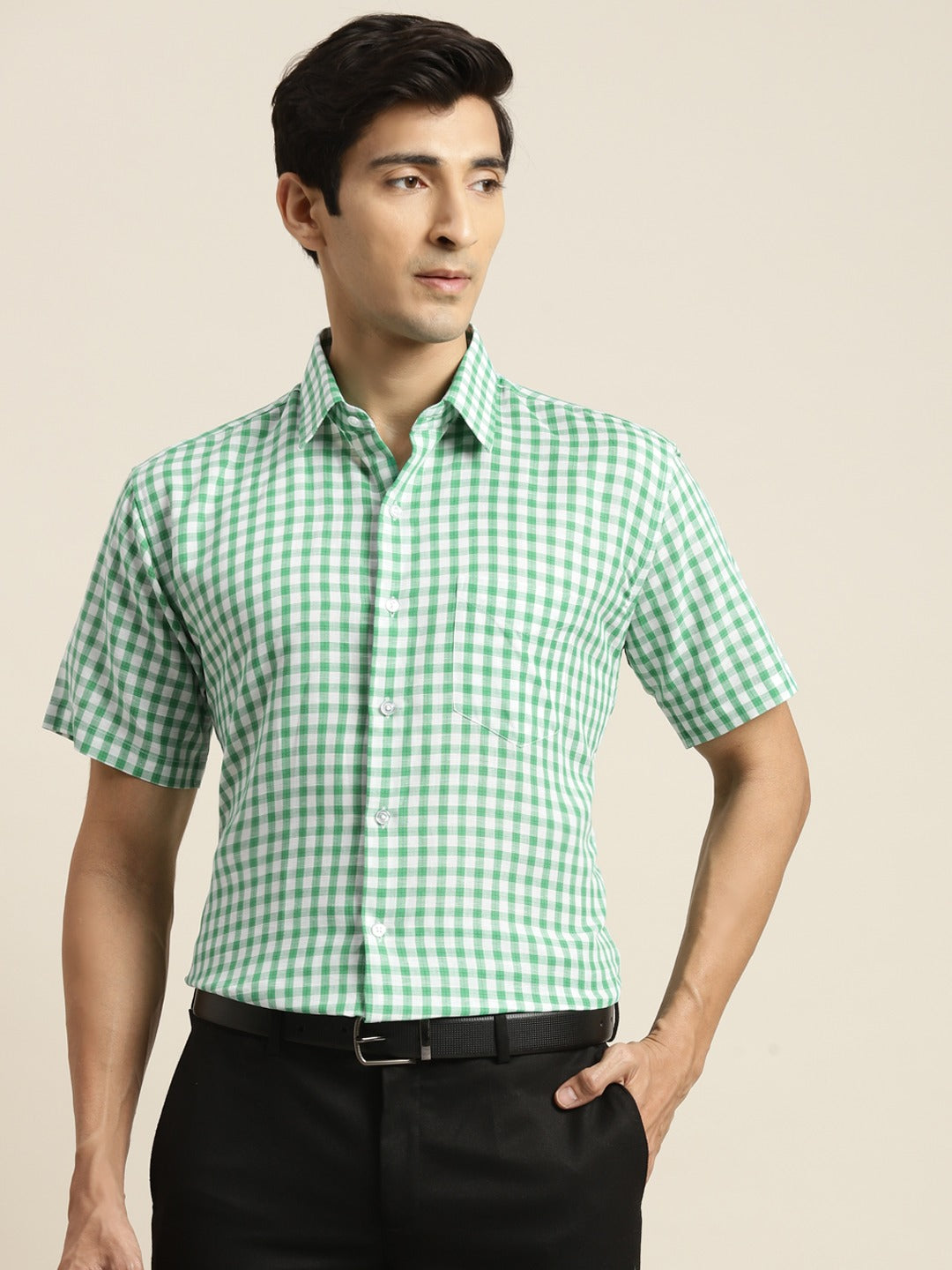 Men Green & White Checked Pure Cotton Short Sleeve Slim Fit Formal Shirt