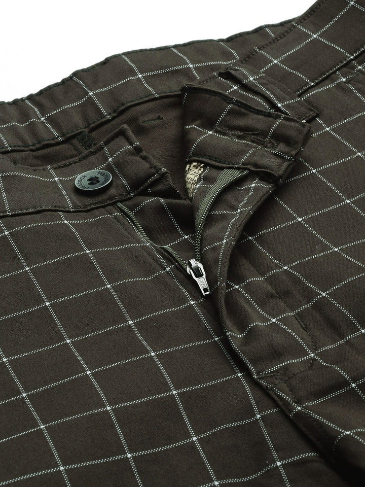 Men Brown Checks Cotton Elastene Slim Fit Formal Trouser
