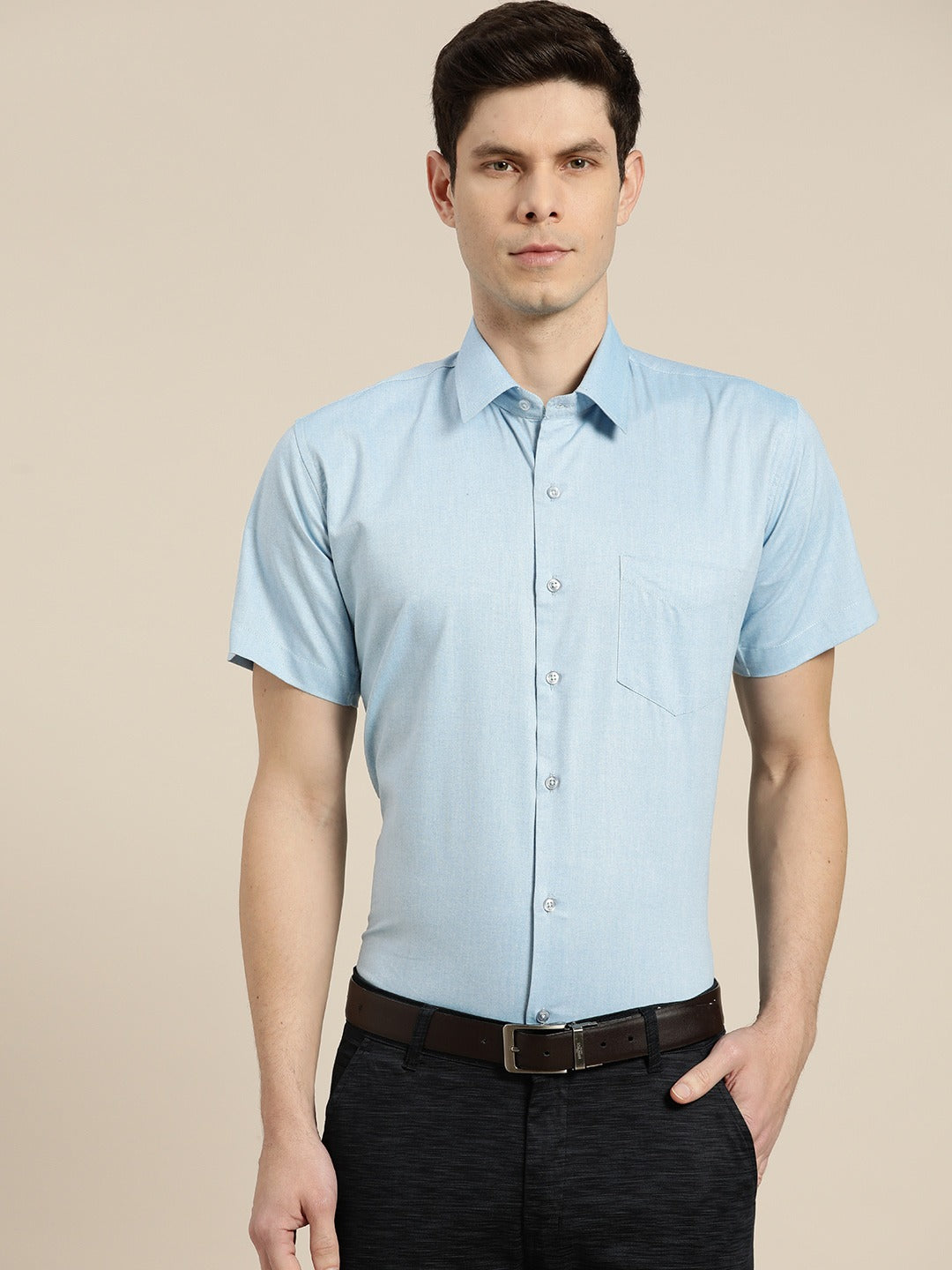 Men Turquoise Blue Solids Cotton Rich Slim Fit Formal Shirt