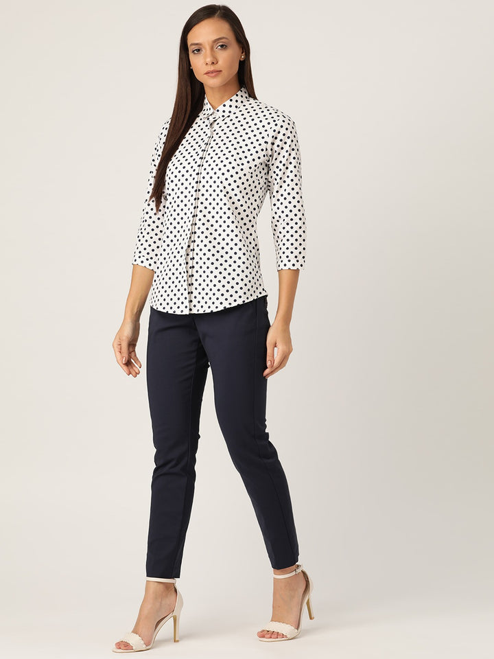 Women White & Navy Prints Pure Cotton Slim Fit Formal Shirt