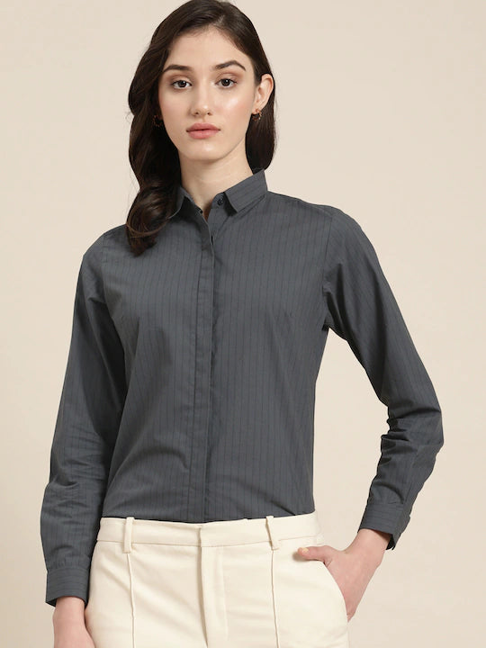 Women Grey Striped Pure Cotton Slim Fit Formal Shirt