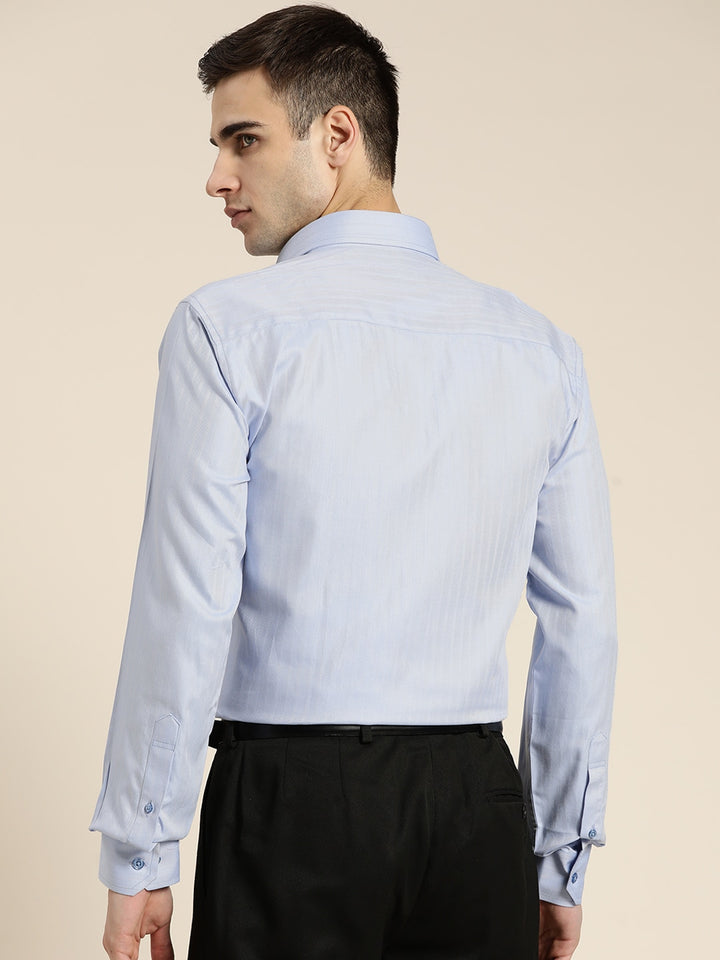 Men Blue Solid Self Design Pure Cotton Slim Fit Formal Shirt