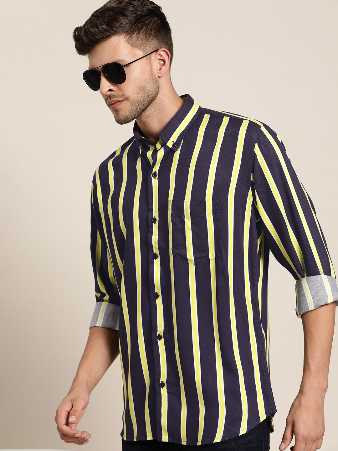 Men Navy & Yellow Striped Viscose Rayon Slim Fit Casual Shirt