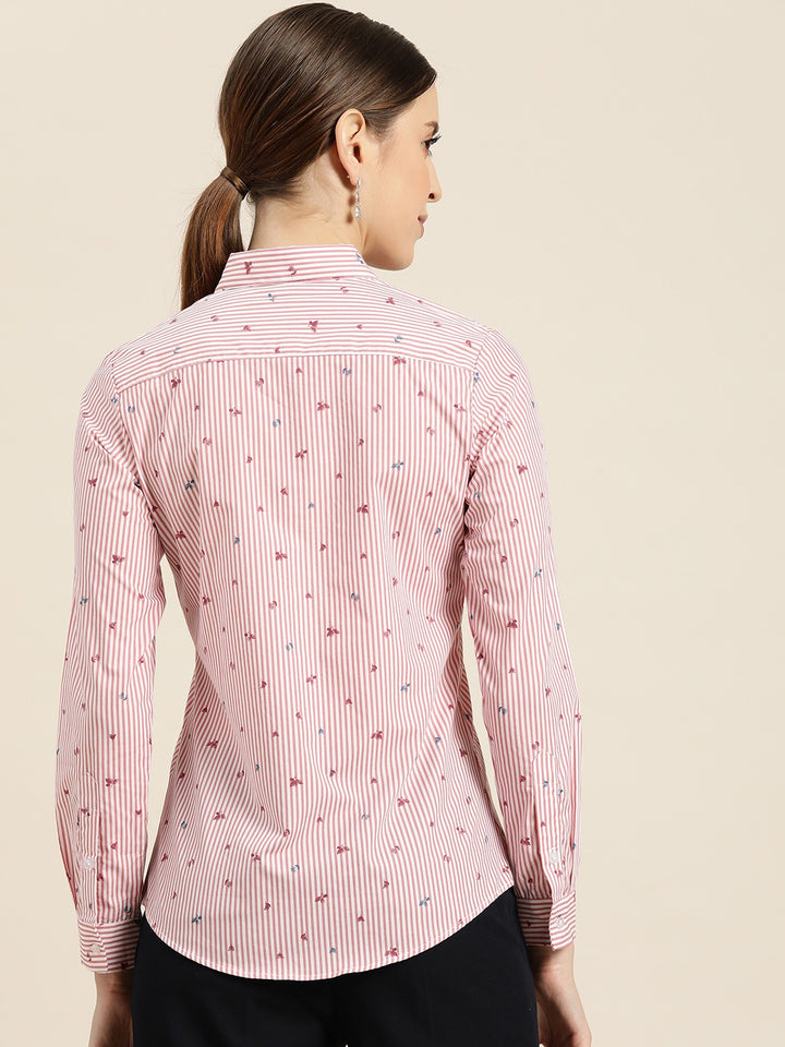 Women White & Pink Stripes Pure Cotton Slim Fit Formal Shirt