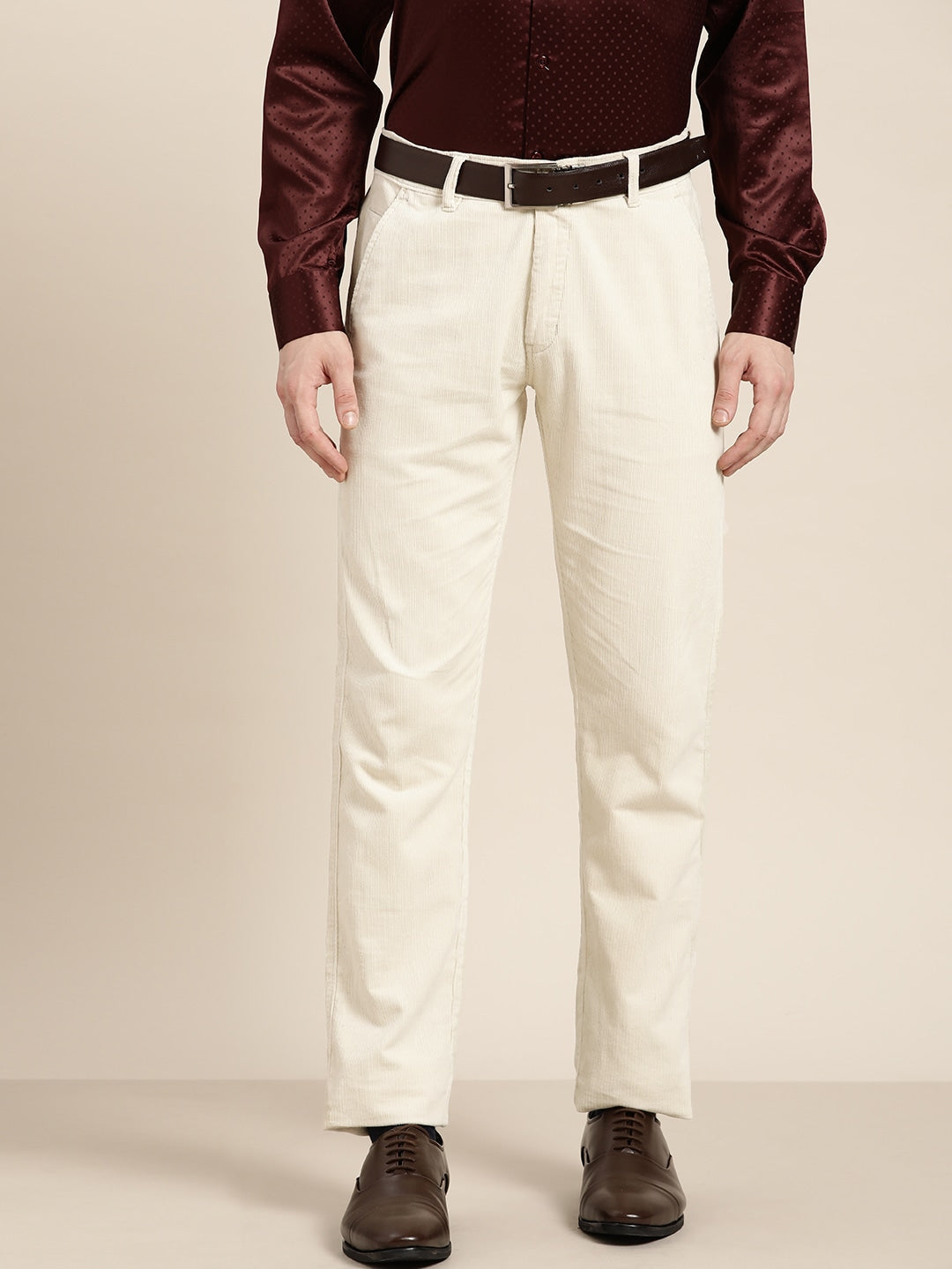 Men Beige Solids Pure Cotton Slim Fit Formal Trouser